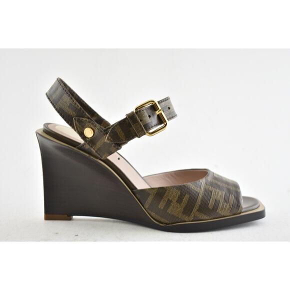 Fendi Dark Brown FF Motif Logo Ankle Strap Sandal Peep Toe Heel Pump Wedge 36.5 - Picture 3 of 11